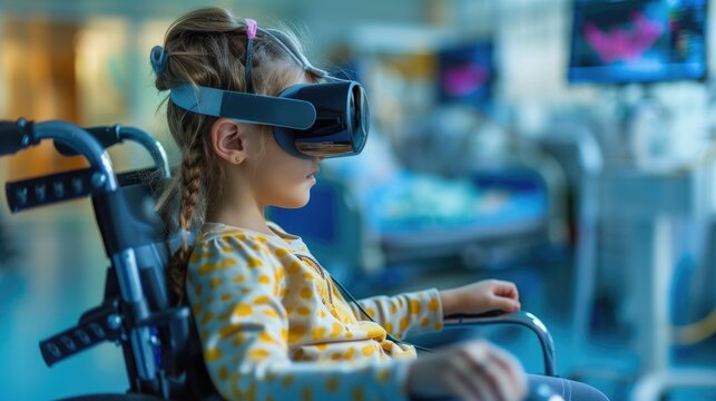 A young girl in a wheelchair engages with a virtual reality experience while in a hospital, highlighting the use of technology for therapy or entertainment in healthcare settings