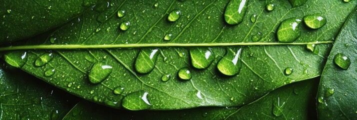 Fototapeta premium Fresh green leaf adorned with glistening water droplets following a gentle rain, showcasing nature's delicate beauty and vibrant colors