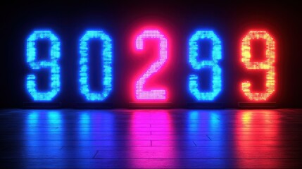 Neon Number Display Reflecting On Glossy Wooden Floor