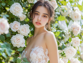 Naklejka premium Beautiful woman in the dress of roses in the garden with giant roses