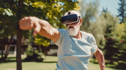 Fototapeta premium An elderly man using a VR headset for an outdoor workout in a sunny park, blending physical fitness and virtual reality for an innovative fitness experience