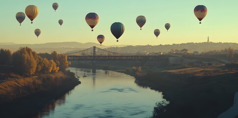 Naklejka premium Hot Air Balloons Over a Bridge