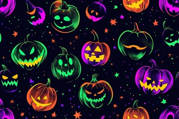 Fototapeta premium A black background with a colorful, glowing pattern of cartoon Halloween faces. High quality