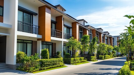 Modern townhouses with green landscaping on a sunny day.