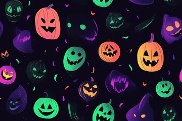 A pattern of cute pumpkins, mushrooms, and leaves in neon colors on a black background, with stars and rainbow-colored glittering effects, creating a cute Halloween design. High quality