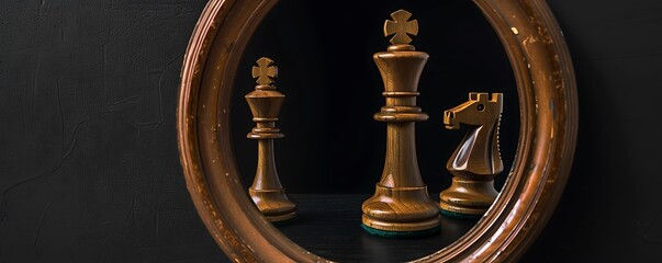 Oval mirror with reflections of a king and queen chess piece, minimalist black background, high-res and sharp detail.