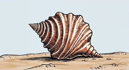 Hand drawing clipart of a seashell on the shore on plain white background