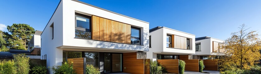 Fototapeta premium Modern white houses with wooden accents.