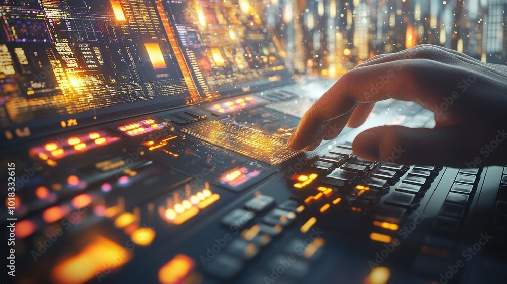 Poster closeup of fingers on a keyboard, digital screens and data streams appearing in the background.