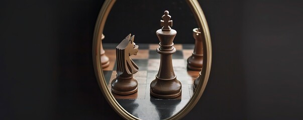 Oval mirror with reflections of a king and queen chess piece, minimalist black background, high-res and sharp detail.