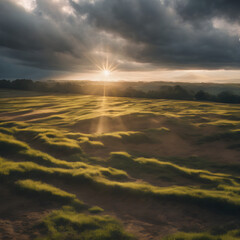 Fototapeta premium A cloudy day with the sun breaking through the clouds in a few places, creating bright sunbeams that illuminate patches of the ground