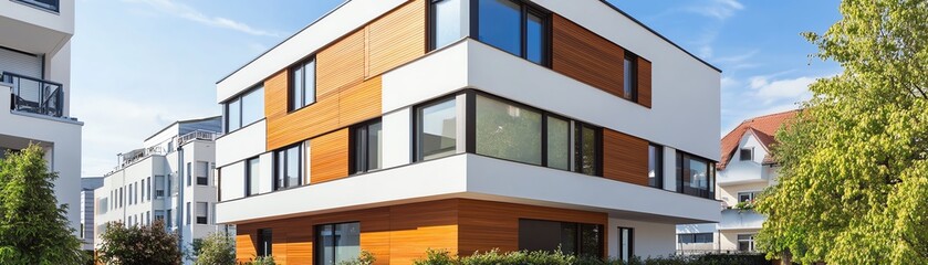 Modern apartment building exterior.