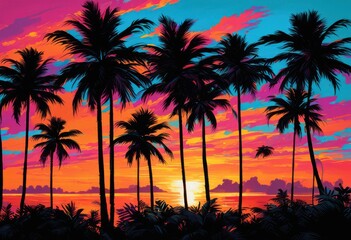 Obraz premium vibrant palm trees silhouetted bright sky backdrop radiant colors lush foliage, tropical, landscape, leaves, sunshine, exotic, summer, blue, green, trunks