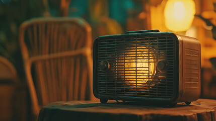 Vintage radio with glowing dial emitting static and crackling sounds on wooden table, surrounded by old-fashioned furniture, evoking a nostalgic atmosphere.