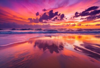 Fototapeta premium serene beach landscape capturing vibrant sunset hues soft waves tranquil atmosphere, sky, ocean, sand, reflection, horizon, light, color, nature, scenery