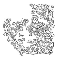 illustration ethnic fairy coloring page sirin birds, female bird