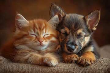 Obraz premium heartwarming portrait of unlikely animal friendship adorable kitten and mixedbreed puppy cuddling studio lighting warm brown background digital art style
