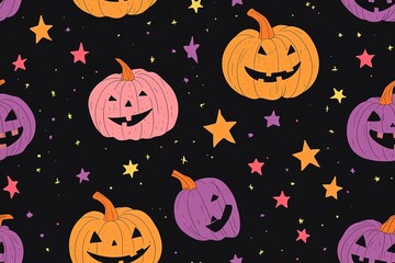 Pumpkins and stars, neon colors on a black background pattern. High quality