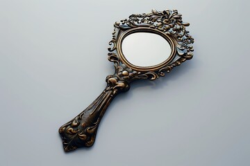 Photorealistic hand mirror with an ornate handle, isolated on a white background, showcasing intricate details.