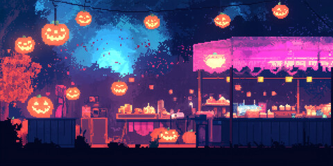 Obraz premium Festive Glow: A pixel Halloween market bursting with neon lights and glowing pumpkins. 