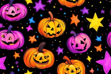 Pumpkins and stars, neon colors on a black background pattern. High quality