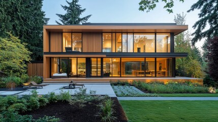 Obraz premium Contemporary home with a wooden facade, large windows, and clean lines in a minimalist setting.