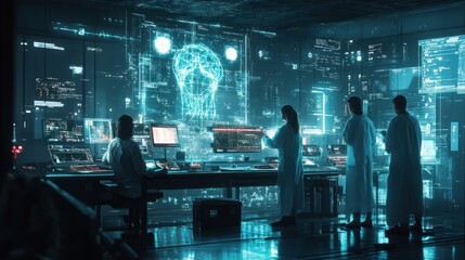 Four scientists working in a futuristic lab with holographic displays and data visualizations.