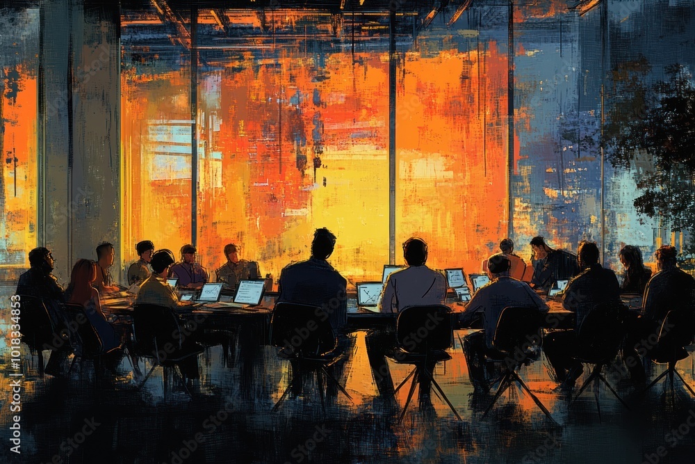Poster a group of people sitting around a table in a meeting, facing a large window with an abstract citysc