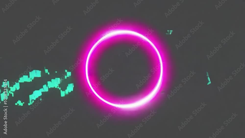 Poster glowing neon circle emerges against a black backdrop, surrounded by glitching and pixelated digital 