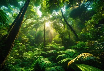 Naklejka premium lush green jungle canopy vibrant flora showcasing diversity plant life rich natural environment, foliage, vegetation, plants, leaves, trees, vines, flowers