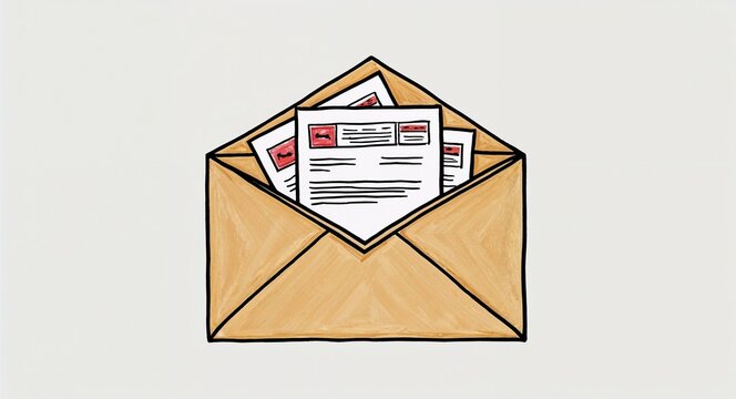 recommend clip art: Hand drawing clipart of an envelope with official documents on plain white background