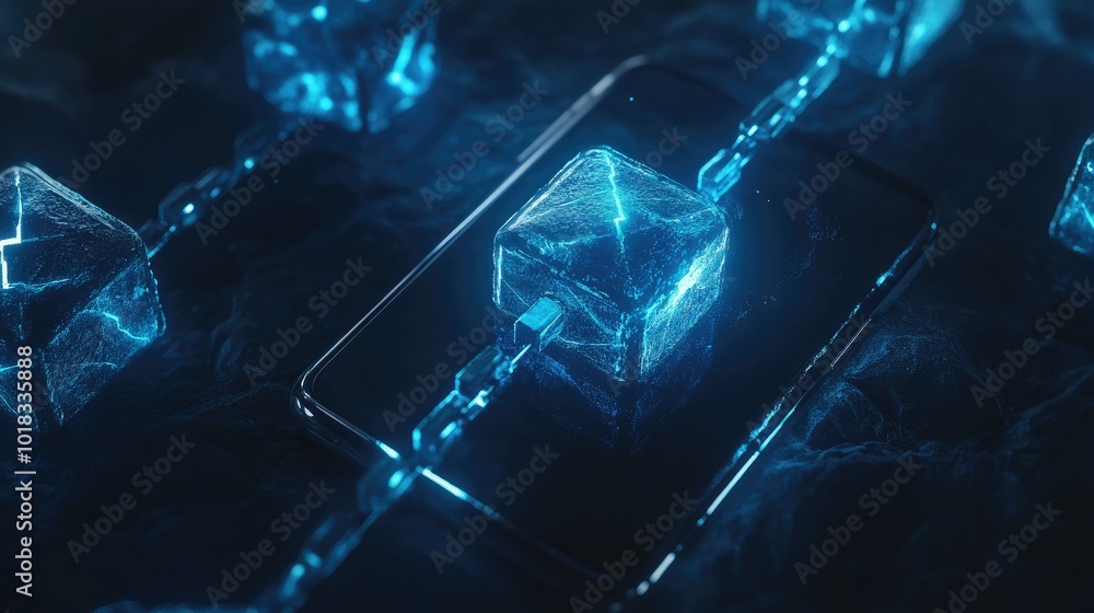 Poster digital blocks linked around a smartphone, 3d visual of blockchain technology and data security.