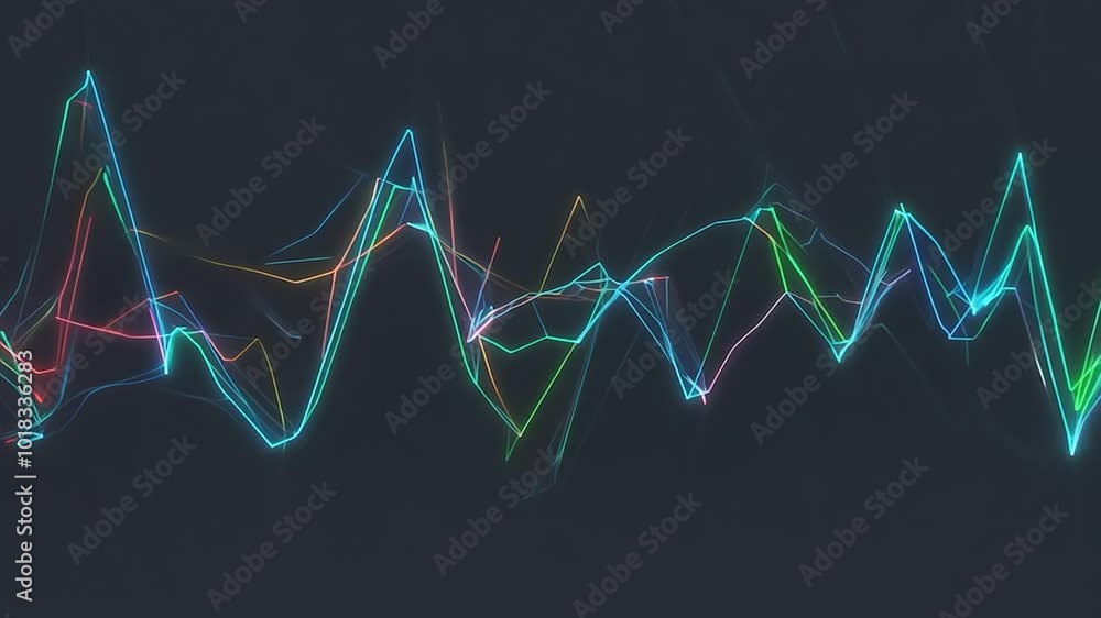 Poster abstract animation showcases colorful lines evolving like financial charts against a black backgroun