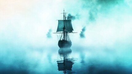 Mysterious Ship Sailing Through Foggy Waters