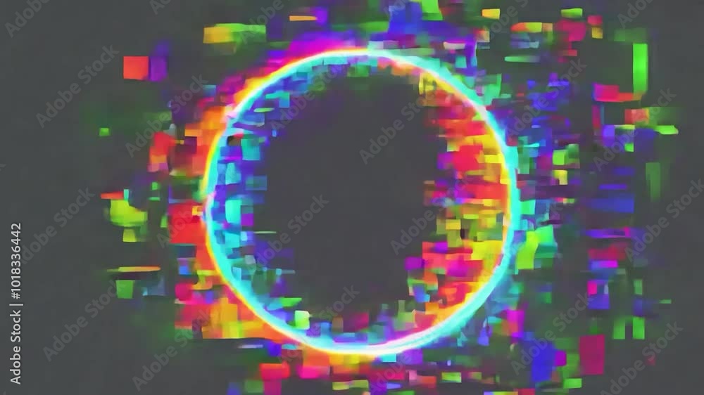 Poster colorful glowing neon circle emerges against a dark background, accompanied by increasing digital no