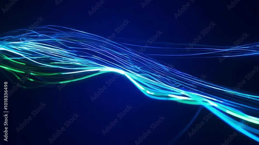 Poster flowing particles in shades of blue and green create an abstract background against a dark canvas. t