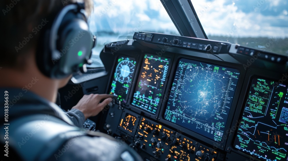 Poster pilot in cockpit with advanced navigation displays