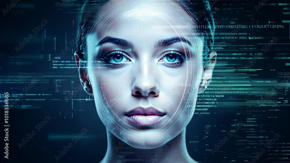 Poster woman’s face undergoes scanning by a facial recognition system, with data and information analysis f