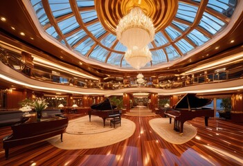 Obraz premium breathtaking luxury cruise ship interior featuring elegant lavish opulent decor glamorous holiday experience, design, amenities, comfort, relaxation