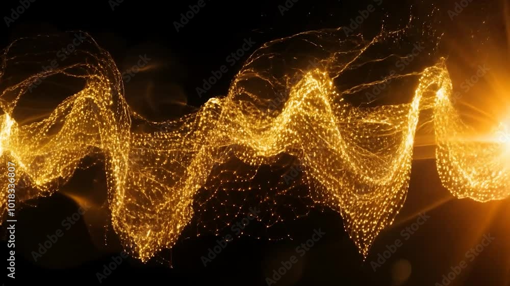 Poster golden particles flow and form an energy wave, enhanced by a lens flare against a black background. 