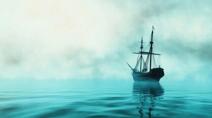 Fototapeta premium Mysterious Ship in Foggy Waters at Sunrise