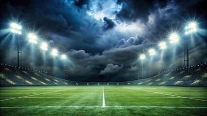 Mysterious football field with dark clouds and stadium lights silhouette