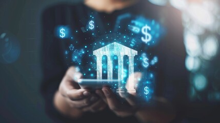 Digital Banking and Financial Technology Concept. A person presents digital banking and financial technology icons, and currency symbols, emphasizing modern online payment systems and e-commerce.