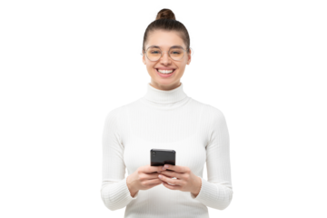 Woman looking at camera with smile, holding phone in front of her, chatting with friend, feeling relaxed and happy