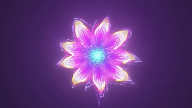 Luminous purple flower blooms against a dark background, showcasing vibrant petals and intricate details enhanced by captivating digital visual effects