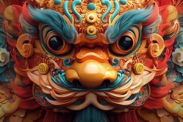 Fototapeta premium A close-up view of a vibrant and detailed Chinese lion dance mask, featuring intricate patterns and a powerful expression.