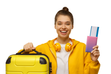 Young woman wearing wireless headphones around neck, holding travel suitcase and passport with tickets