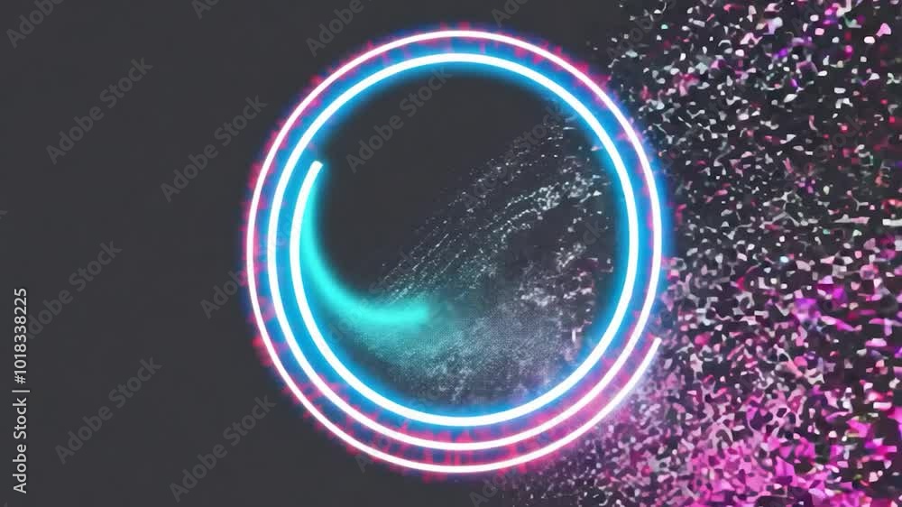 Poster glowing circular shapes form with vibrant particles and light streaks against a dark background, cre