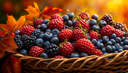 Berries in a wattled basket. Mix of strawberries, blueberries, raspberries and blackberries