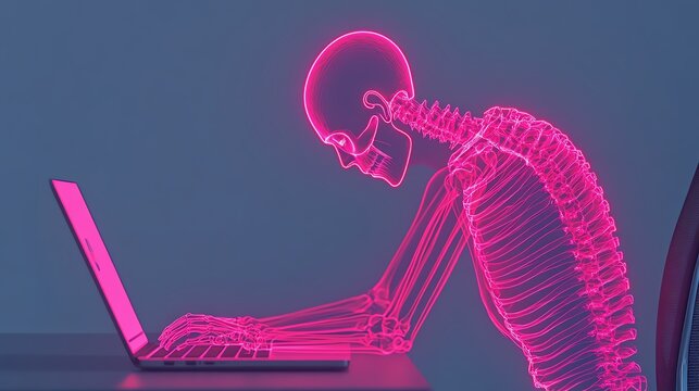 Neon outline of a worker slouched over a laptop, health warning text overlay, office syndrome, poor posture effects